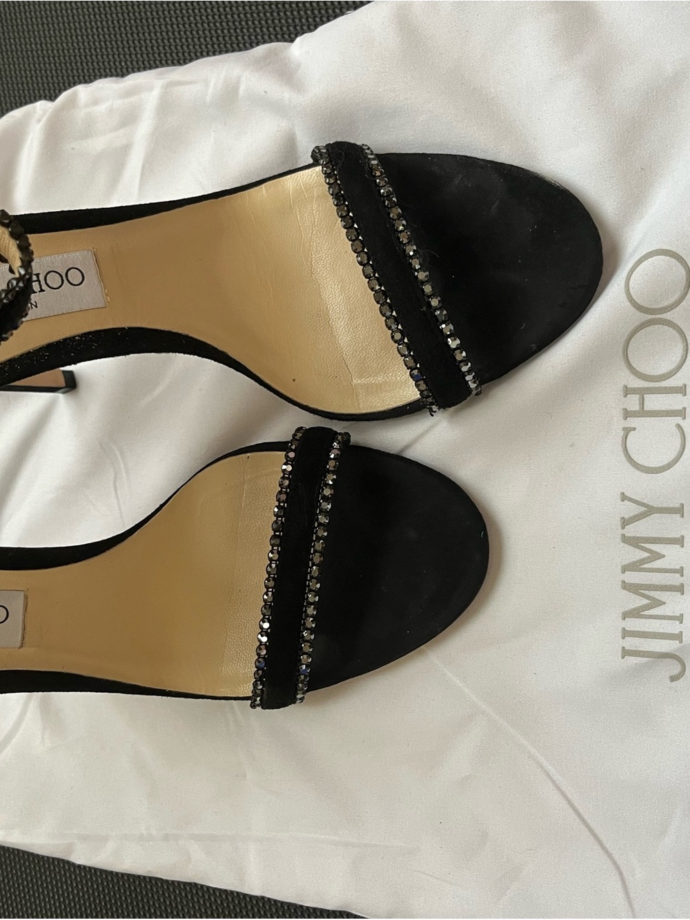 Jimmy Choo Black Suede Open-Toe Crystal-Embellished Heels